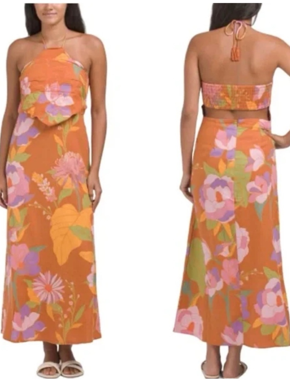Caroline Constas Orange Floral Halter Dress Linen Blend Size Medium NWT